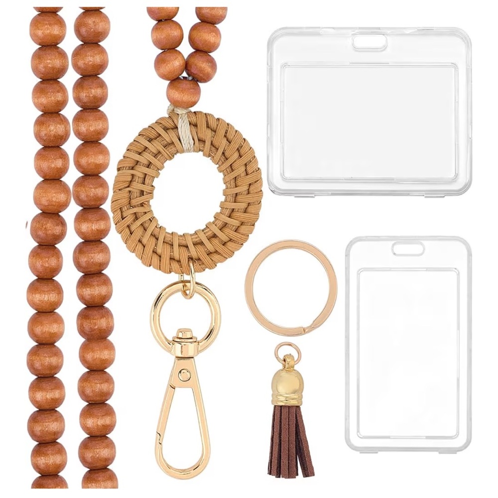 🆕 Wood Beaded Lanyard Card Holder Set Dark Brown Bohemian Neck Lanyards